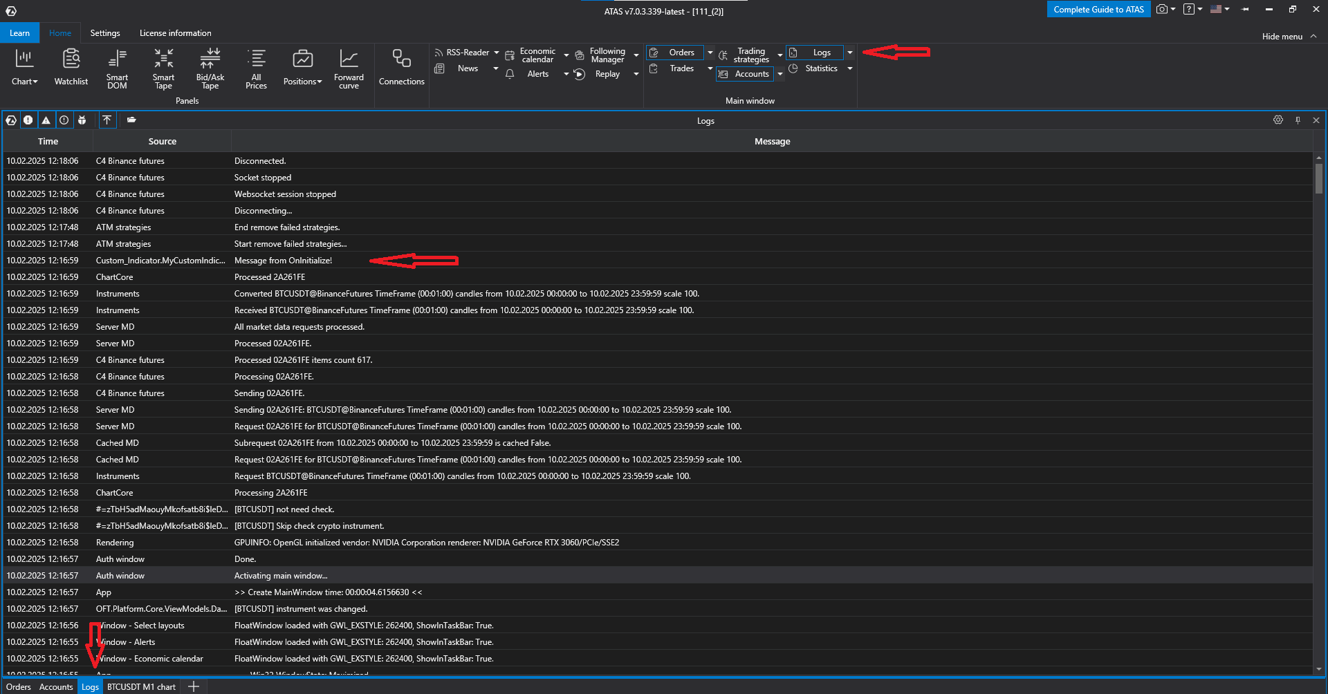 A message written from OnInitialize in the log window